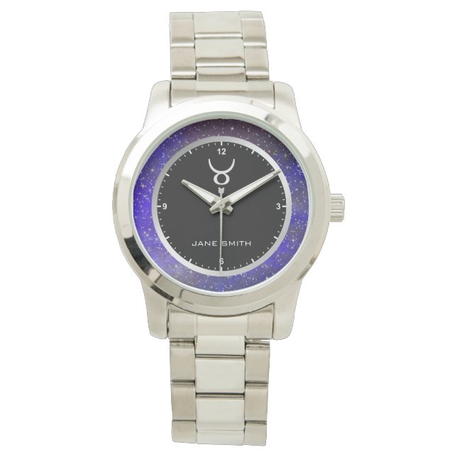 Taurus Zodiac Sign Symbol Galaxy Stars Custom Name Watch (Front)