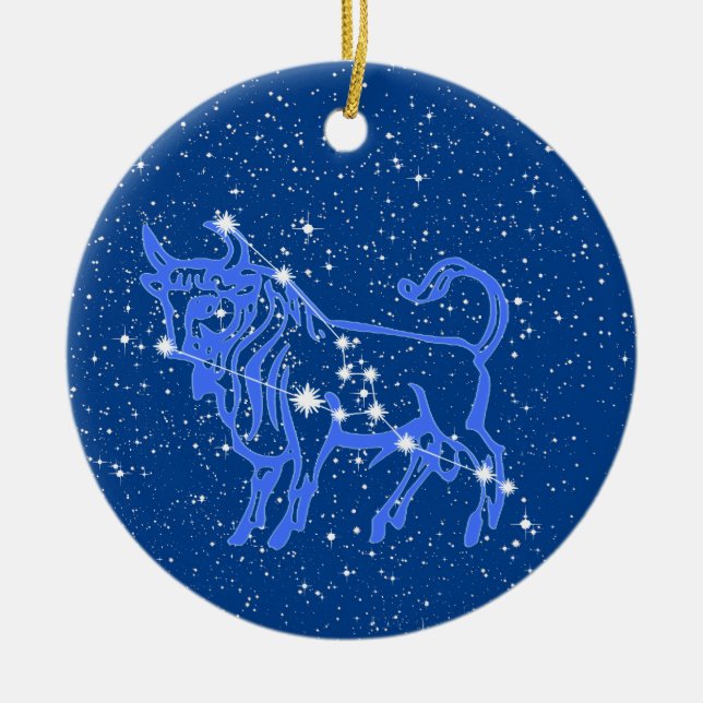 Taurus Zodiac Sign with Stars on Deep Blue Ceramic Ornament (Front)