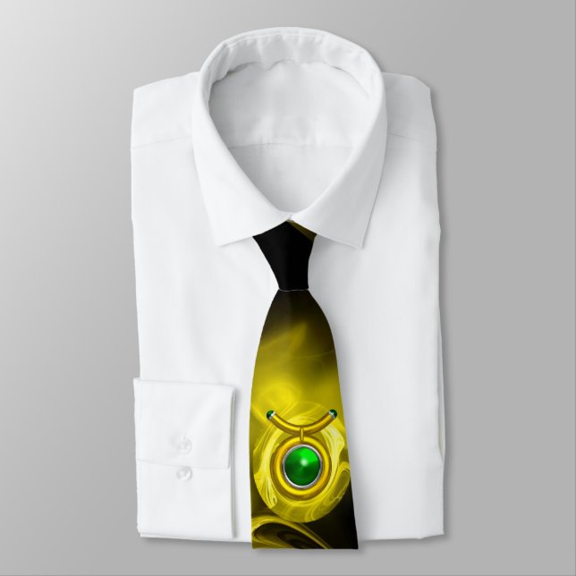 TAURUS ZODIAC SIGN ,YELLOW FRACTAL ROSE IN BLACK NECK TIE (Tied)