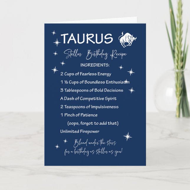Taurus Zodiac Stellar Birthday Recipe Card (Front)