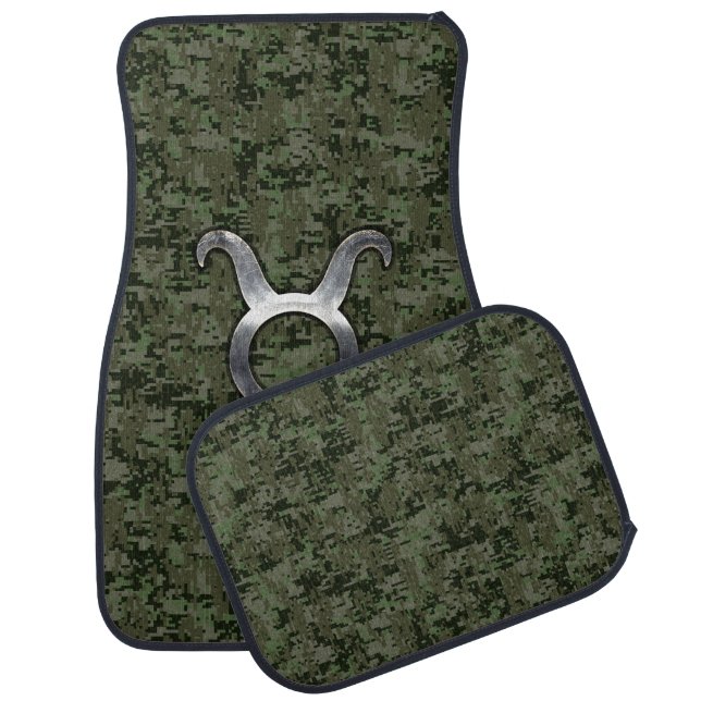 Taurus Zodiac Sybol on Olive Green Digital Camo Car Mat (Set)