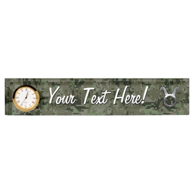Taurus Zodiac Sybol on Olive Green Digital Camo Desk Name Plate (Front)