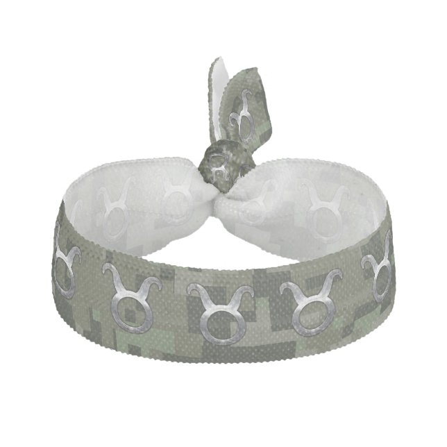 Taurus Zodiac Sybol on Olive Green Digital Camo Elastic Hair Tie (Front)