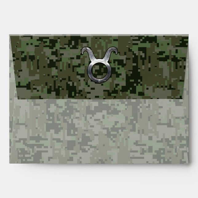 Taurus Zodiac Sybol on Olive Green Digital Camo Envelope (Back (Top Flap))