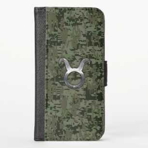 Taurus Zodiac Sybol on Olive Green Digital Camo iPhone X Wallet Case