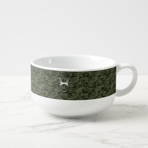 Taurus Zodiac Sybol on Olive Green Digital Camo Soup Mug