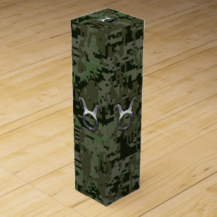 Taurus Zodiac Sybol on Olive Green Digital Camo Wine Box