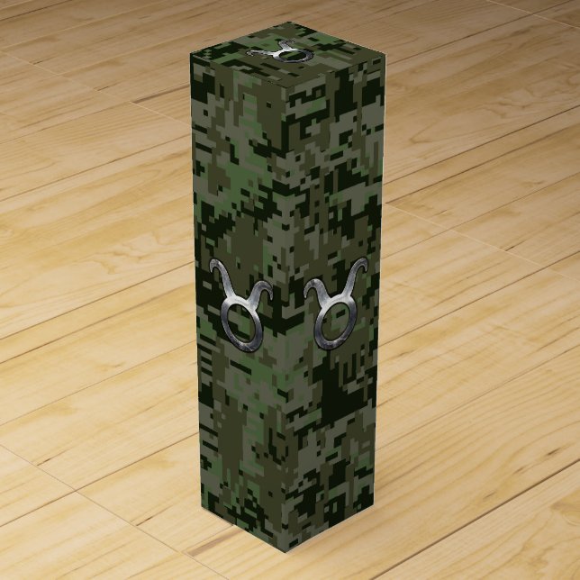 Taurus Zodiac Sybol on Olive Green Digital Camo Wine Box (Front)