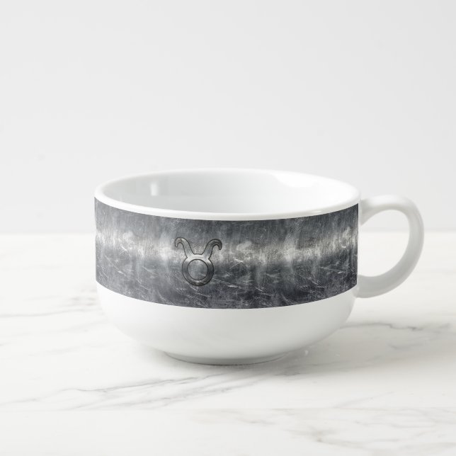 Taurus Zodiac Symbol in Grunge Distressed Style Soup Mug (Left)