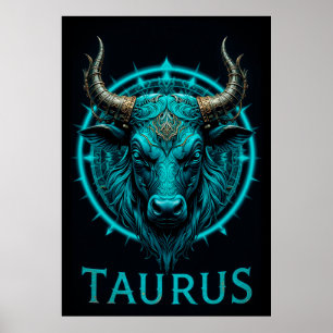 Taurus Zodiac Symbol In Vibrant Blue and Gold Acce Poster