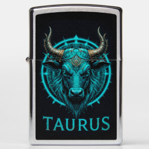 Taurus Zodiac Symbol In Vibrant Blue and Gold Acce Zippo Lighter