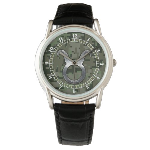 Taurus Zodiac Symbol on Green Camouflage Dial Watch