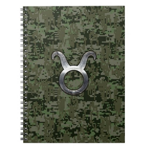 Taurus Zodiac Symbol on Green Digital Camo Notebook