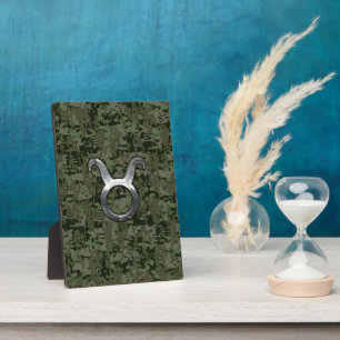 Taurus Zodiac Symbol on Green Digital Camo Plaque