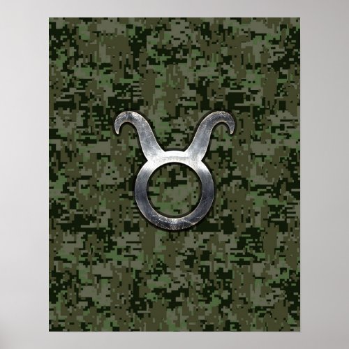 Taurus Zodiac Symbol on Green Digital Camo Poster