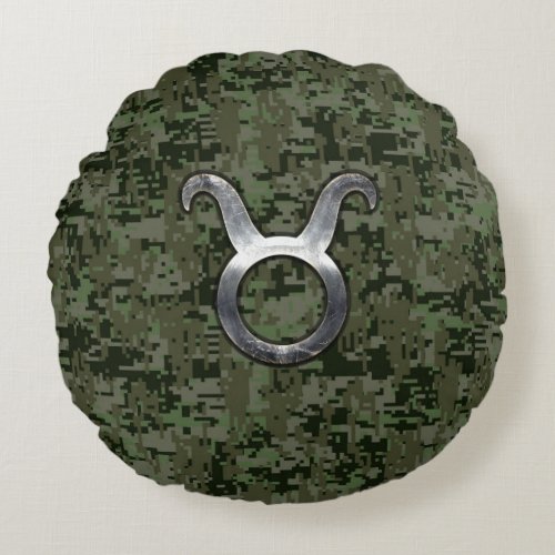 Taurus Zodiac Symbol on Green Digital Camo Round Pillow