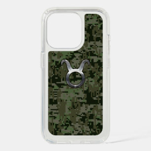 Taurus Zodiac Symbol on Green Digital Camo iPhone 15 Pro Case
