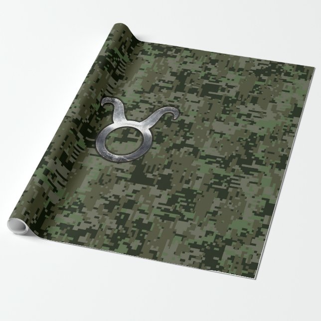 Taurus Zodiac Symbol on Green Digital Camo Wrapping Paper (Unrolled)