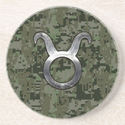 Taurus Zodiac Symbol on Green Digital Camouflage Drink Coaster