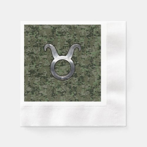 Taurus Zodiac Symbol on Green Digital Camouflage Paper Napkins