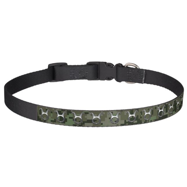 Taurus Zodiac Symbol on Green Digital Camouflage Pet Collar (Front)