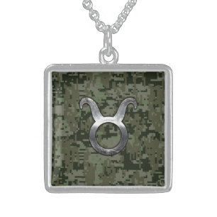 Taurus Zodiac Symbol on Green Digital Camouflage Sterling Silver Necklace