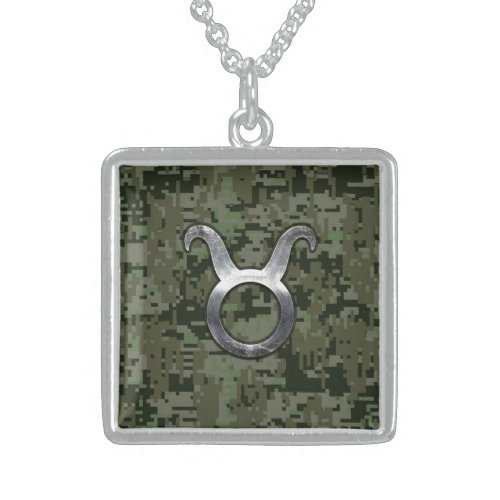 Taurus Zodiac Symbol on Green Digital Camouflage Sterling Silver Necklace