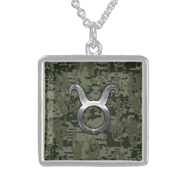 Taurus Zodiac Symbol on Green Digital Camouflage Sterling Silver Necklace (Front)
