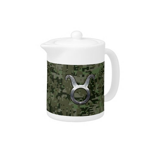 Taurus Zodiac Symbol on Green Digital Camouflage Teapot