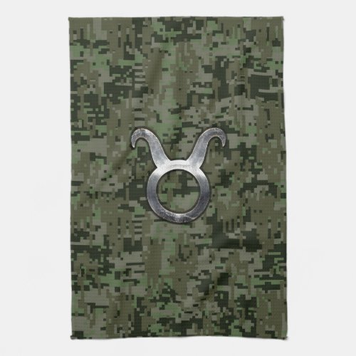 Taurus Zodiac Symbol on Green Digital Camouflage Towel