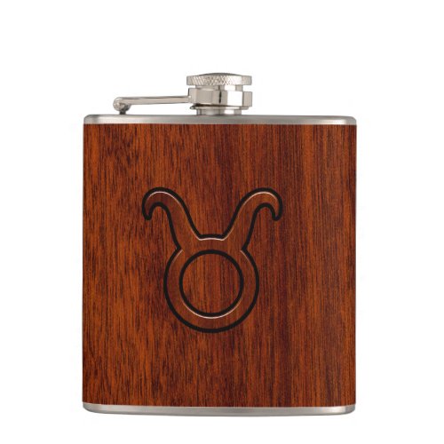 Taurus Zodiac Symbol on Mahogany Decor Flask
