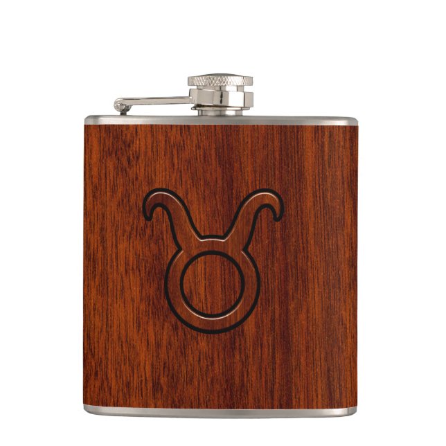 Taurus Zodiac Symbol on Mahogany Decor Flask (Front)