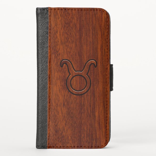 Taurus Zodiac Symbol on Mahogany Decor iPhone Wallet Case (Front)