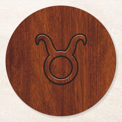 Taurus Zodiac Symbol on Mahogany Decor Round Paper Coaster