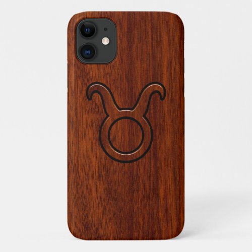 Taurus Zodiac Symbol on Mahogany style print iPhone 11 Case
