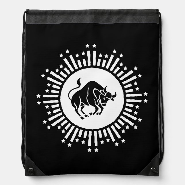 Taurus Zodiac Symbol with Celestial Starburst Drawstring Bag (Front)