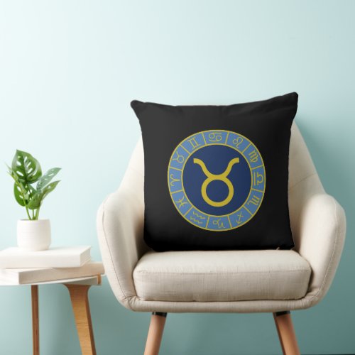 Taurus Zodiac WheelAstrology Symbols GoldBlues Throw Pillow