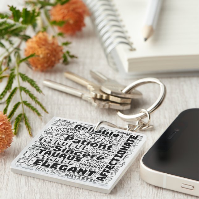 Taurus Zodiac Word Cloud Inspiration Keychain (Front Right)