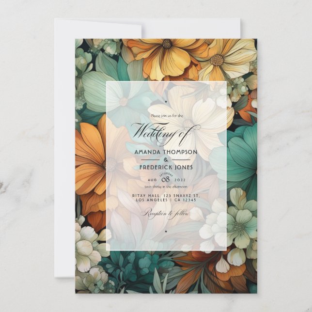 Tawny Brown and Pine Green Floral Fall Wedding Invitation (Front)