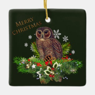 Tawny Christmas Owl with Holiday Greenery Ceramic Ornament