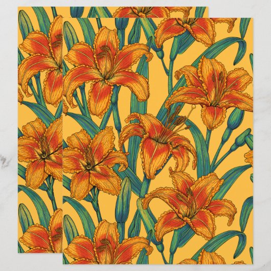 Tawny daylily flowers, blue and yellow (Front/Back)