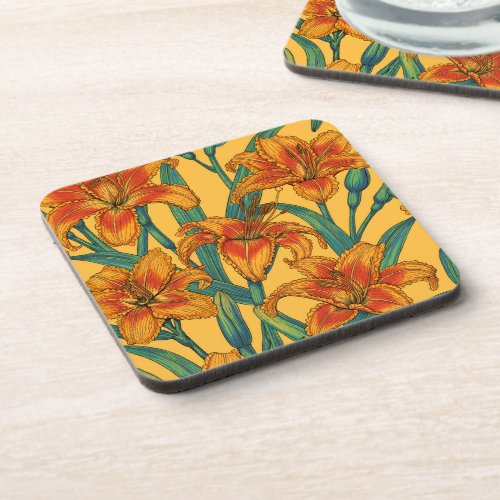 Tawny daylily flowers blue and yellow beverage coaster