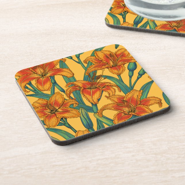 Tawny daylily flowers, blue and yellow beverage coaster (Left Side)