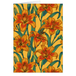 Tawny daylily flowers, blue and yellow cards