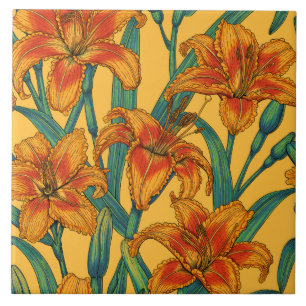 Tawny daylily flowers, blue and yellow ceramic tile