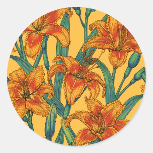 Tawny daylily flowers blue and yellow classic round sticker