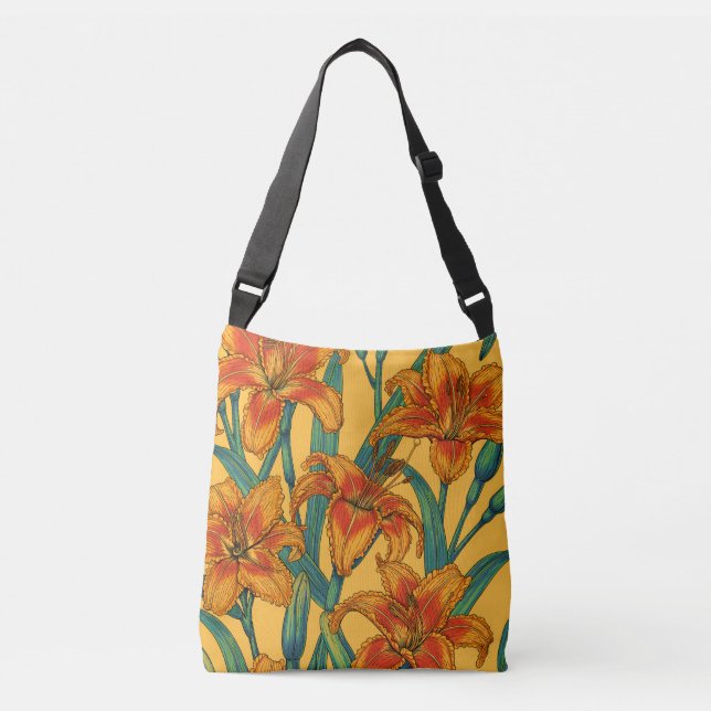 Tawny daylily flowers, blue and yellow crossbody bag (Front)