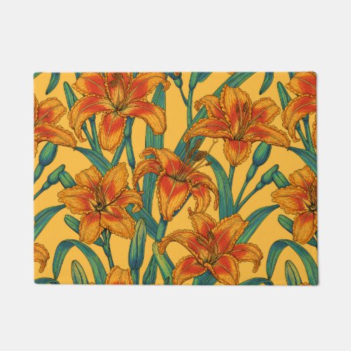 Tawny daylily flowers blue and yellow doormat