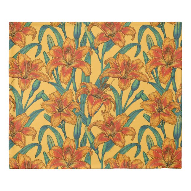 Tawny daylily flowers, blue and yellow duvet cover (Front)