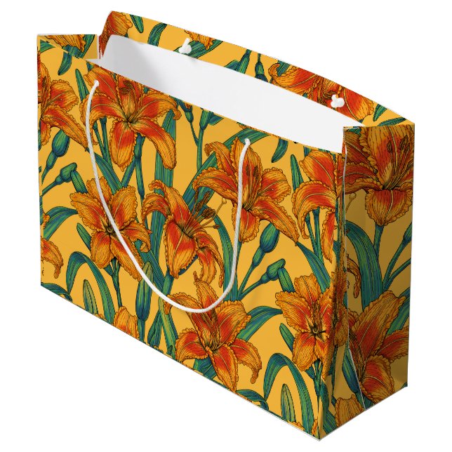 Tawny daylily flowers, blue and yellow large gift bag (Back Angled)
